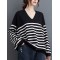 Artistic Retro Casual Loose Striped V-Neck Long Sleeves Knitted Sweater