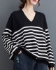 Artistic Retro Casual Loose Striped V-Neck Long Sleeves Knitted Sweater