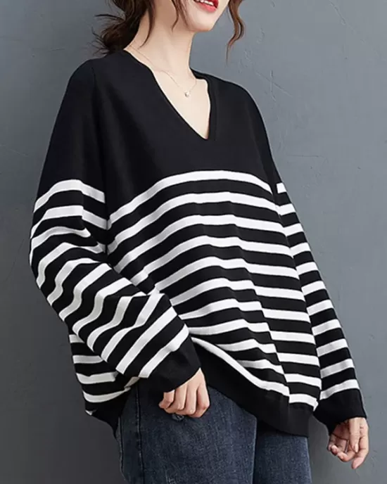 Artistic Retro Casual Loose Striped V-Neck Long Sleeves Knitted Sweater