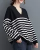 Artistic Retro Casual Loose Striped V-Neck Long Sleeves Knitted Sweater