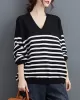 Artistic Retro Casual Loose Striped V-Neck Long Sleeves Knitted Sweater