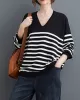 Artistic Retro Casual Loose Striped V-Neck Long Sleeves Knitted Sweater