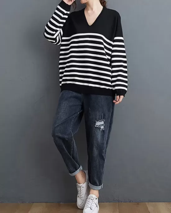 Artistic Retro Casual Loose Striped V-Neck Long Sleeves Knitted Sweater