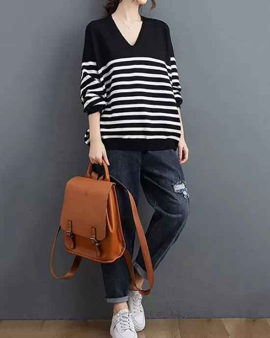 Artistic Retro Casual Loose Striped V-Neck Long Sleeves Knitted Sweater