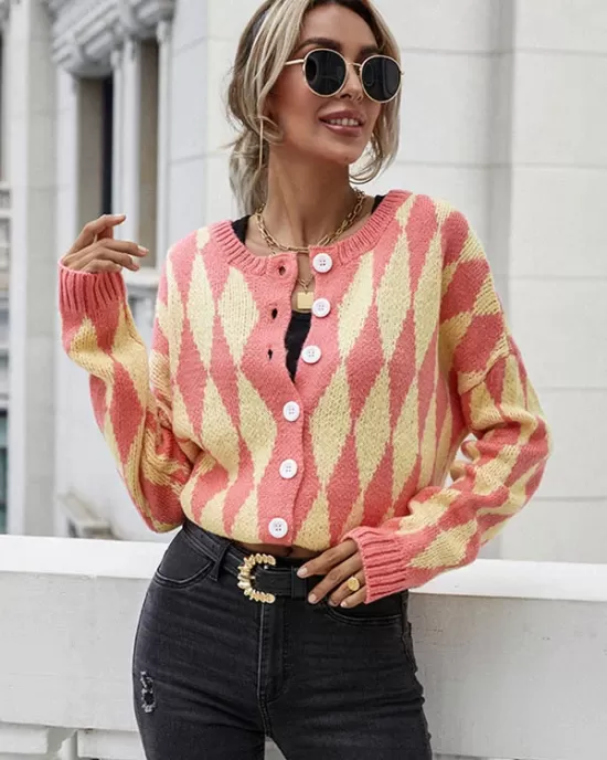 Vintage Loose Buttoned Contrast Color Cardigan Top