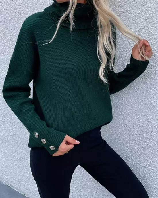 Casual Loose Solid Color High-Neck Long Sleeves Knitwear