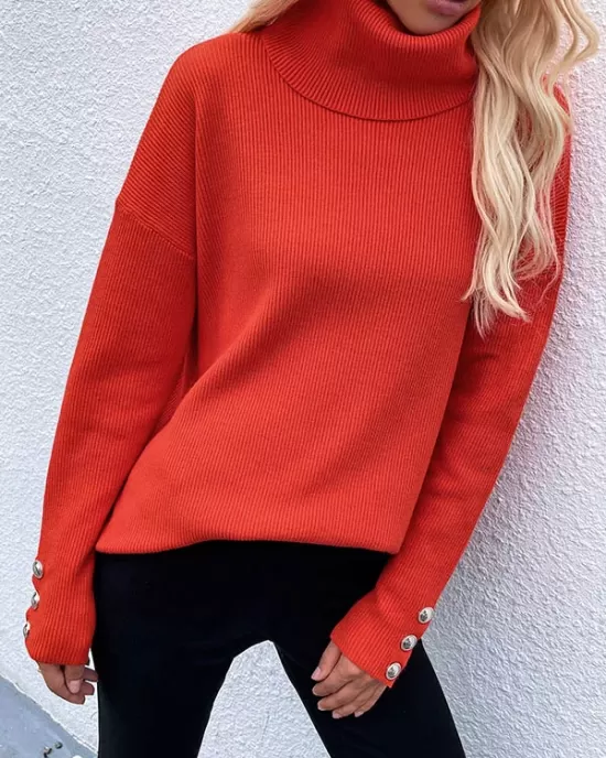 Casual Loose Solid Color High-Neck Long Sleeves Knitwear