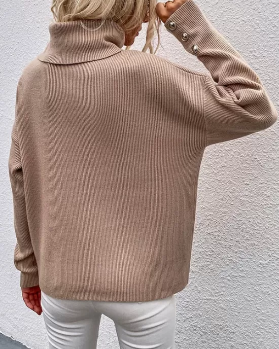 Casual Loose Solid Color High-Neck Long Sleeves Knitwear