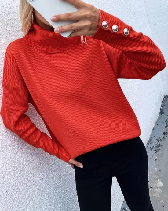 Casual Loose Solid Color High-Neck Long Sleeves Knitwear