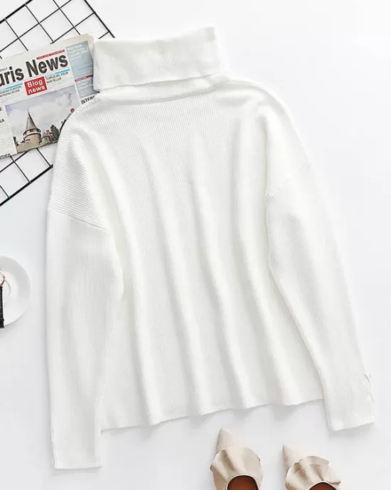 Casual Loose Solid Color High-Neck Long Sleeves Knitwear