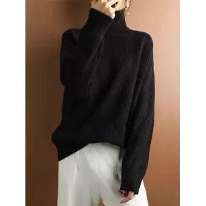 Casual Loose Solid Color Striped High-Neck Long Sleeves Sweater Tops