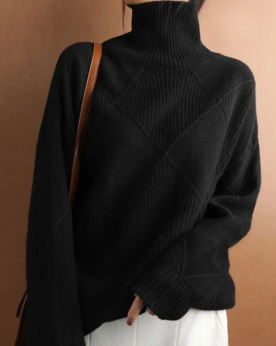 Casual Loose Solid Color Striped High-Neck Long Sleeves Sweater Tops