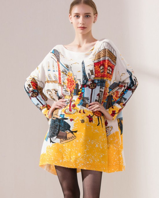 Original Loose Cartoon Printed Round-Neck Long Sleeves Sweater Dress