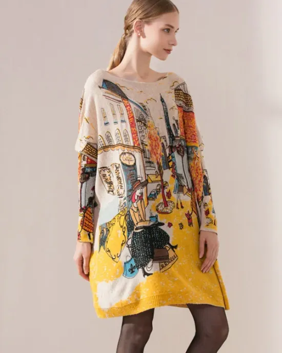 Original Loose Cartoon Printed Round-Neck Long Sleeves Sweater Dress