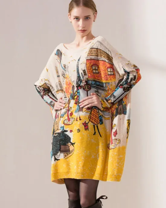 Original Loose Cartoon Printed Round-Neck Long Sleeves Sweater Dress