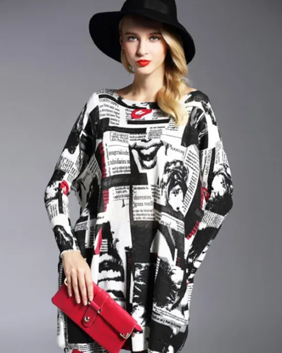 Urban Loose One-Shoulder Printed Split-Joint Sweater