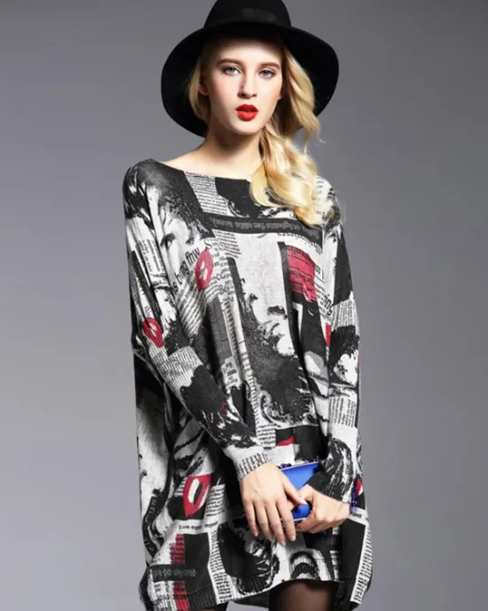 Urban Loose One-Shoulder Printed Split-Joint Sweater