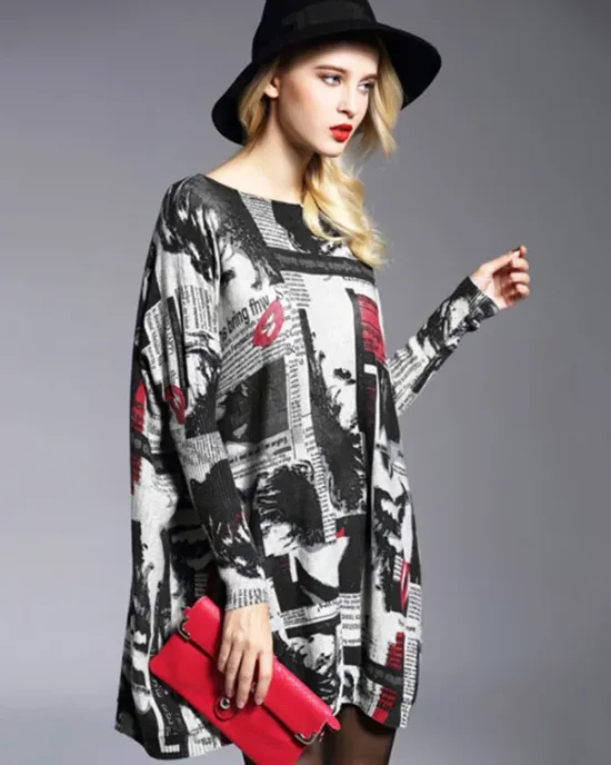 Urban Loose One-Shoulder Printed Split-Joint Sweater