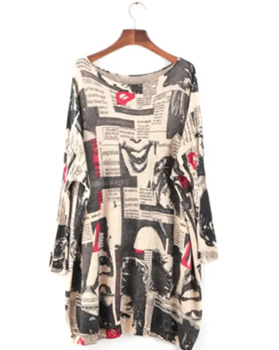 Urban Loose One-Shoulder Printed Split-Joint Sweater