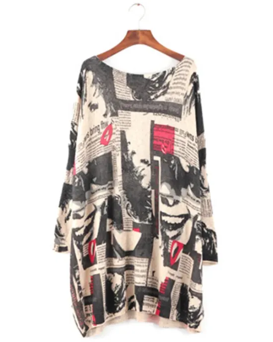 Urban Loose One-Shoulder Printed Split-Joint Sweater