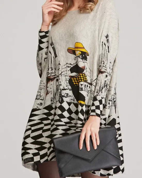 Vintage Loose Printed Split-Joint Sweater