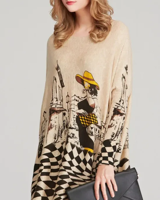 Vintage Loose Printed Split-Joint Sweater