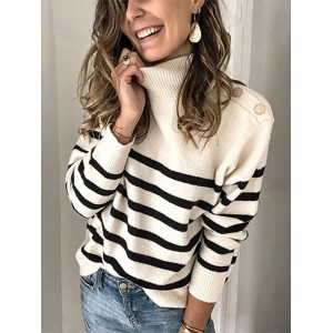 Original Loose Striped Buttoned High-Neck Long Sleeves Sweater Top