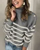 Original Loose Striped Buttoned High-Neck Long Sleeves Sweater Top