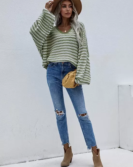 Original Loose Striped 8 Colors V-Neck Long Sleeves Sweater Top