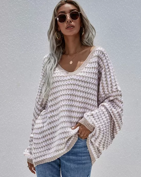 Original Loose Striped 8 Colors V-Neck Long Sleeves Sweater Top