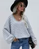 Original Loose Striped 8 Colors V-Neck Long Sleeves Sweater Top