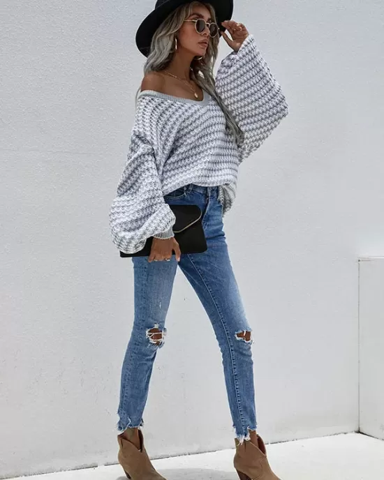 Original Loose Striped 8 Colors V-Neck Long Sleeves Sweater Top