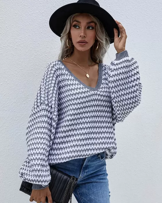 Original Loose Striped 8 Colors V-Neck Long Sleeves Sweater Top