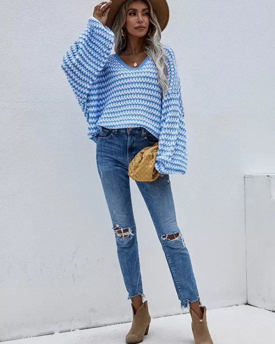 Original Loose Striped 8 Colors V-Neck Long Sleeves Sweater Top