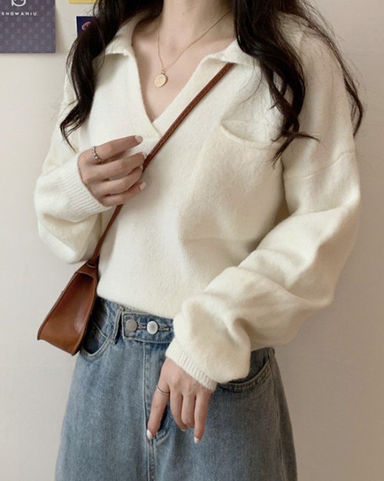 Casual Simple 6 Colors V-Neck Long Sleeves Sweater Top