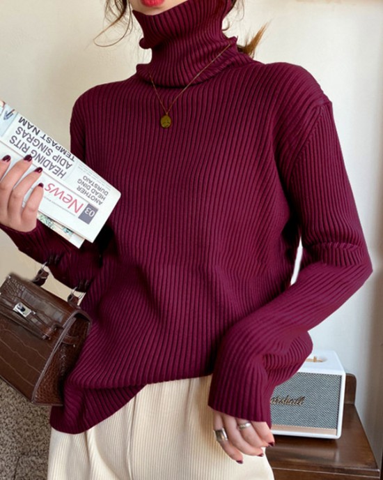 Casual Simple 6 Colors High-Neck Long Sleeves Sweater Top