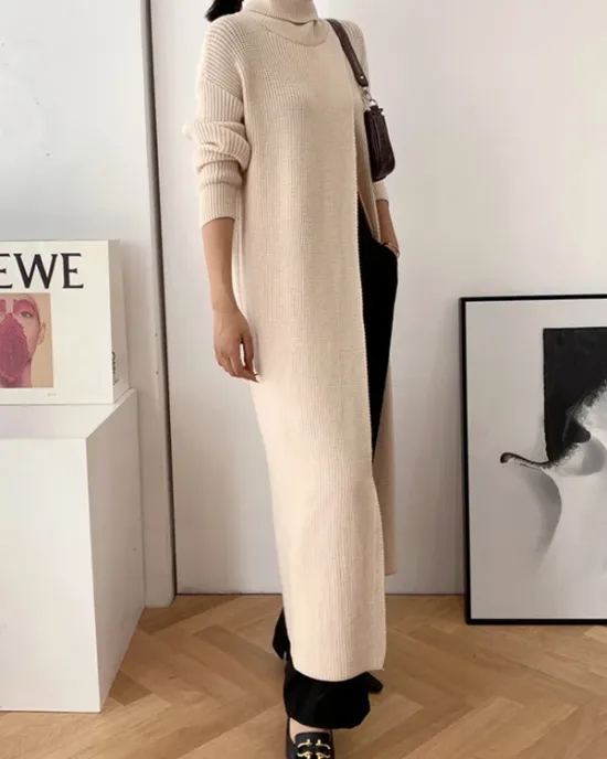 Original Loose Solid Color Split-Front Sweater Dress