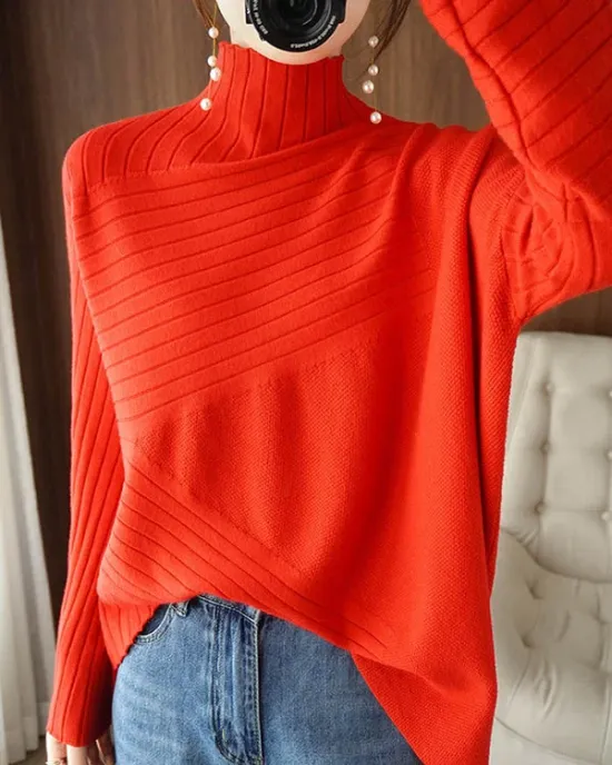 Original Irregular 7 Colors High-Neck Long Sleeves Sweater Top