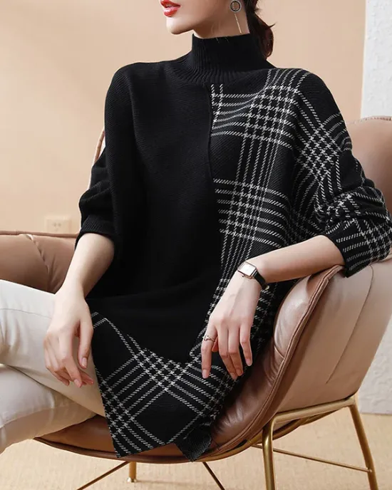 Casual Loose 3 Colors Split-Joint Plaid High-Neck Batwing Long Sleeves Sweater Top