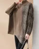 Casual Loose 3 Colors Split-Joint Plaid High-Neck Batwing Long Sleeves Sweater Top