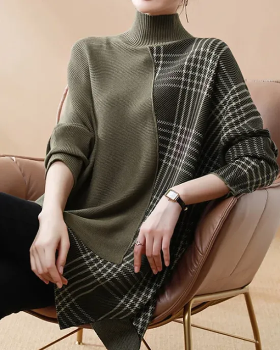 Casual Loose 3 Colors Split-Joint Plaid High-Neck Batwing Long Sleeves Sweater Top