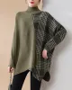 Casual Loose 3 Colors Split-Joint Plaid High-Neck Batwing Long Sleeves Sweater Top