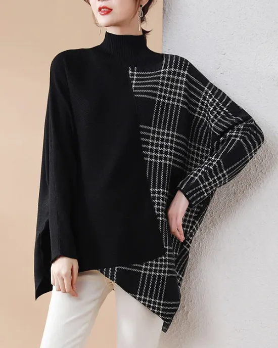 Casual Loose 3 Colors Split-Joint Plaid High-Neck Batwing Long Sleeves Sweater Top