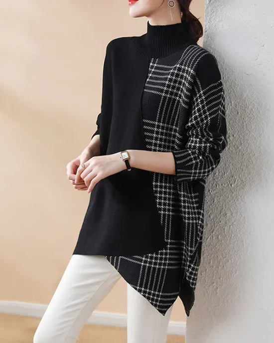 Casual Loose 3 Colors Split-Joint Plaid High-Neck Batwing Long Sleeves Sweater Top