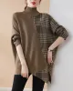 Casual Loose 3 Colors Split-Joint Plaid High-Neck Batwing Long Sleeves Sweater Top