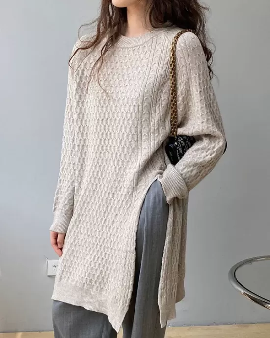 Original Irregular 5 Colors Split-Side Round-Neck Long Sleeves Sweater Top