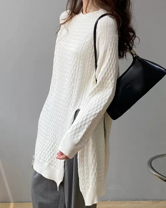 Original Irregular 5 Colors Split-Side Round-Neck Long Sleeves Sweater Top