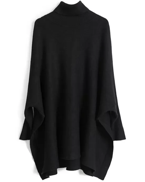 Simple Loose Solid Color High-Neck Batwing Sleeves Sweater