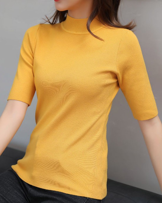 15 Colors Knitting Solid Color High-Neck Short Sleeves Pullover