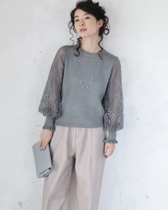 Original Loose Hollow Lace Round-Neck Long Puff Sleeves Sweater Pullovers